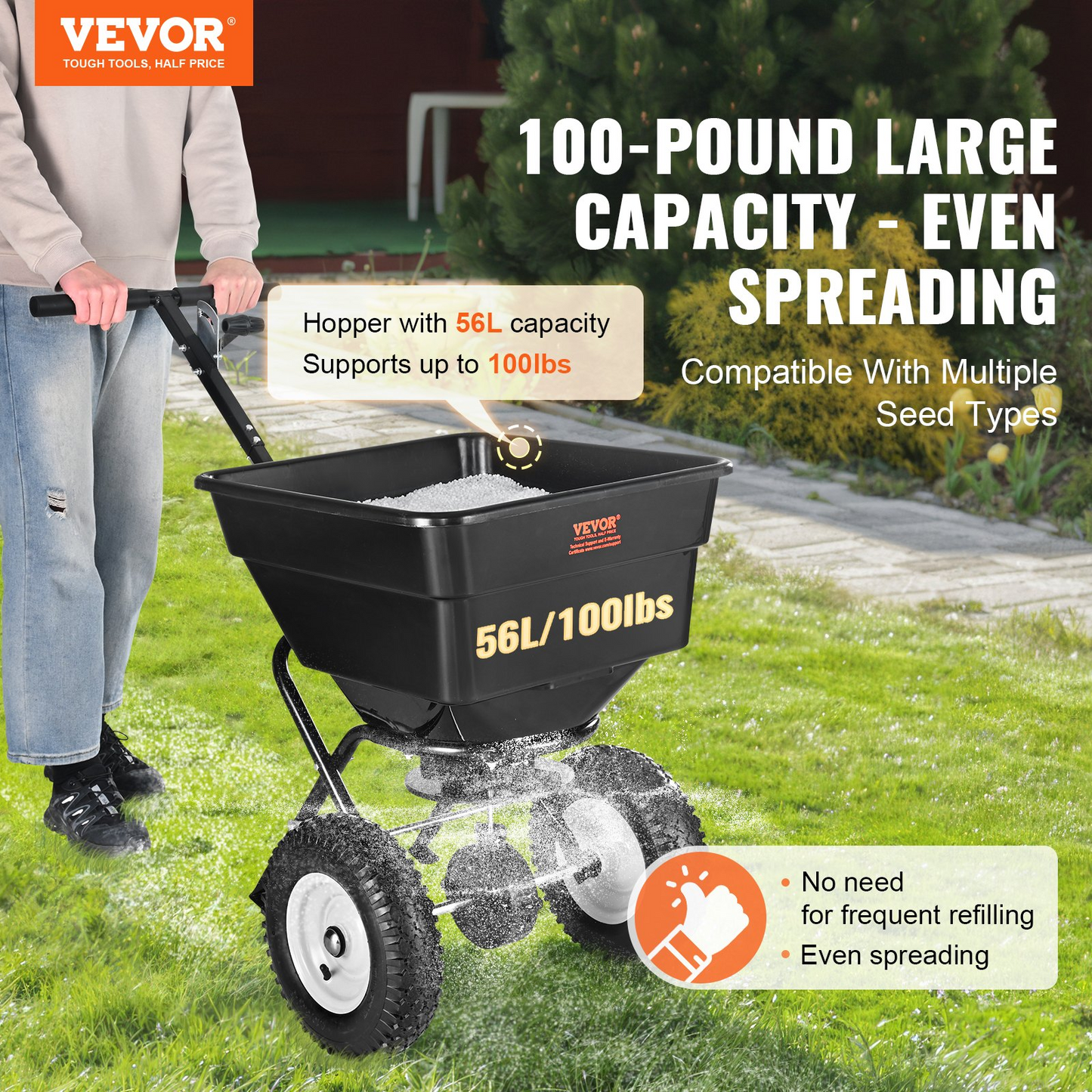 VEVOR Broadcast Spreader, 100 LB Walk-Behind Turf Spreader with 12" Wheels, Steel Push Fertilizer Spreader, Garden Seeder, and Salt Spreader, Designed for Residential, Farm, and Tough Terrain, Black