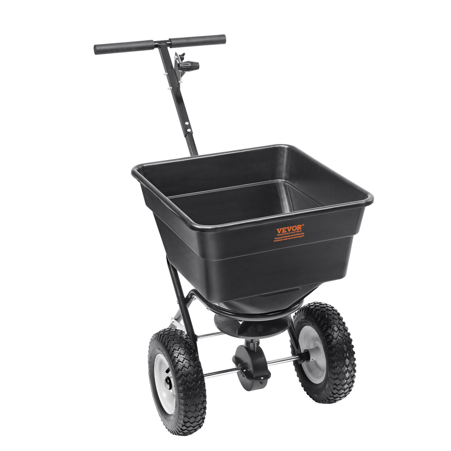 VEVOR Broadcast Spreader, 100 LB Walk-Behind Turf Spreader with 12" Wheels, Steel Push Fertilizer Spreader, Garden Seeder, and Salt Spreader, Designed for Residential, Farm, and Tough Terrain, Black