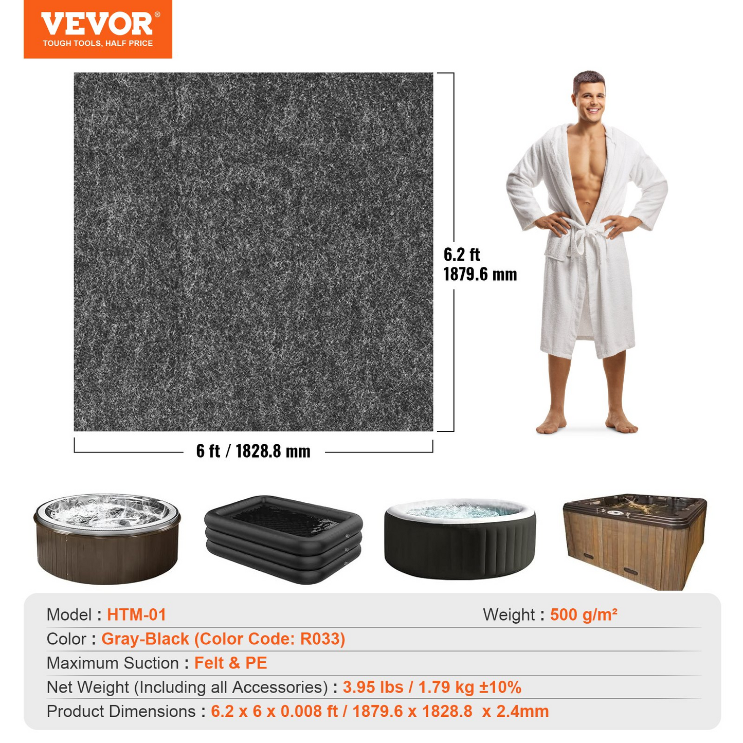 VEVOR 74 x 72 Inch Hot Tub Mat, Extra Large Inflatable Hot Tub Pad, Waterproof Slip-Proof Backing, Absorbent Spa Pool Ground Base Flooring Protector Mat Reusable Outdoor & Indoor, Also For Car Repair