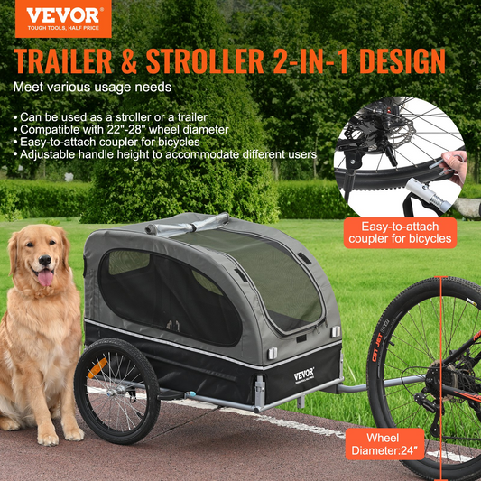 VEVOR Dog Bike Trailer, Supports up to 88 lbs, 2-in-1 Pet Stroller Cart Bicycle Carrier, Easy Folding Cart Frame with Quick Release Wheels, Universal Bicycle Coupler, Reflectors, Flag, Black/Gray