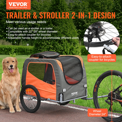 VEVOR Dog Bike Trailer, Supports up to 66 lbs, 2-in-1 Pet Stroller Cart Bicycle Carrier, Easy Folding Cart Frame with Quick Release Wheels, Universal Bicycle Coupler, Reflectors, Flag, Orange/Gray