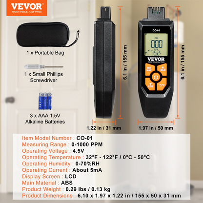 VEVOR Carbon Monoxide Detectors, 0-1000PPM CO Detector with Audible & Visual Alarm, Portable CO Gas Meter Tester with Temperature Sensor, LCD Backlit Screen for Home / Industrial (3 x Battery Include)