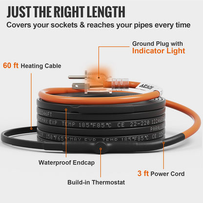 VEVOR Self-Regulating Pipe Heating Cable, 60-feet 5W/ft Heat Tape for Pipes Freeze Protection, Protects PVC Hose, Metal and Plastic Pipe from Freezing, 120V