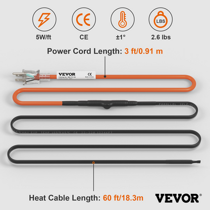 VEVOR Self-Regulating Pipe Heating Cable, 60-feet 5W/ft Heat Tape for Pipes Freeze Protection, Protects PVC Hose, Metal and Plastic Pipe from Freezing, 120V