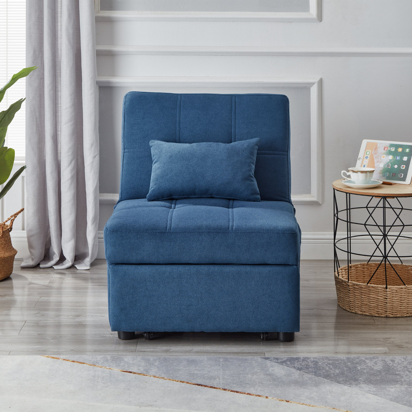 Living Room Bed Room Furniture with Blue Linen Fabric Recliner Chair Bed