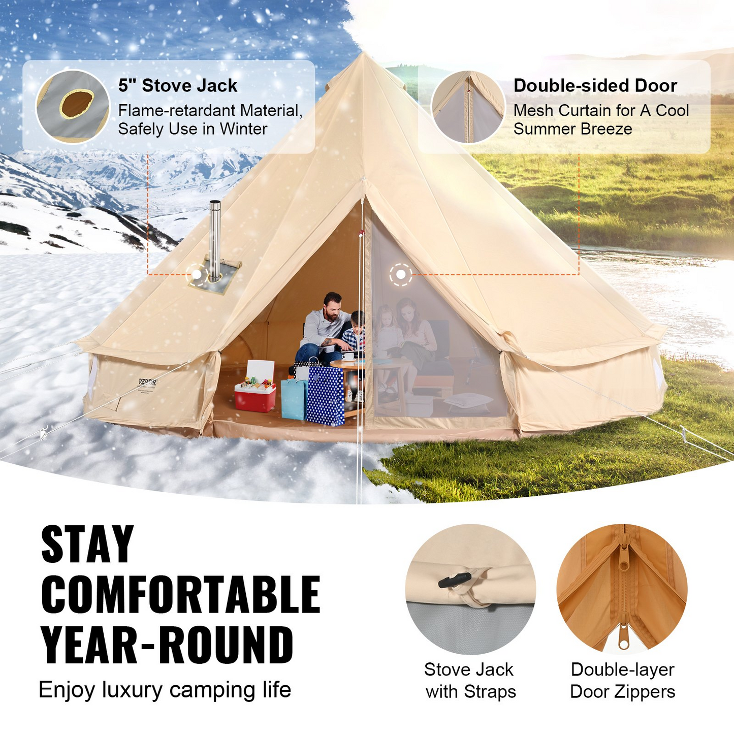 VEVOR Canvas Bell Tent, 4 Seasons 5 m/16.4 ft Yurt Tent, Canvas Tent for Camping with Stove Jack, Breathable Tent Holds up to 8 People, Family Camping Outdoor Hunting Party