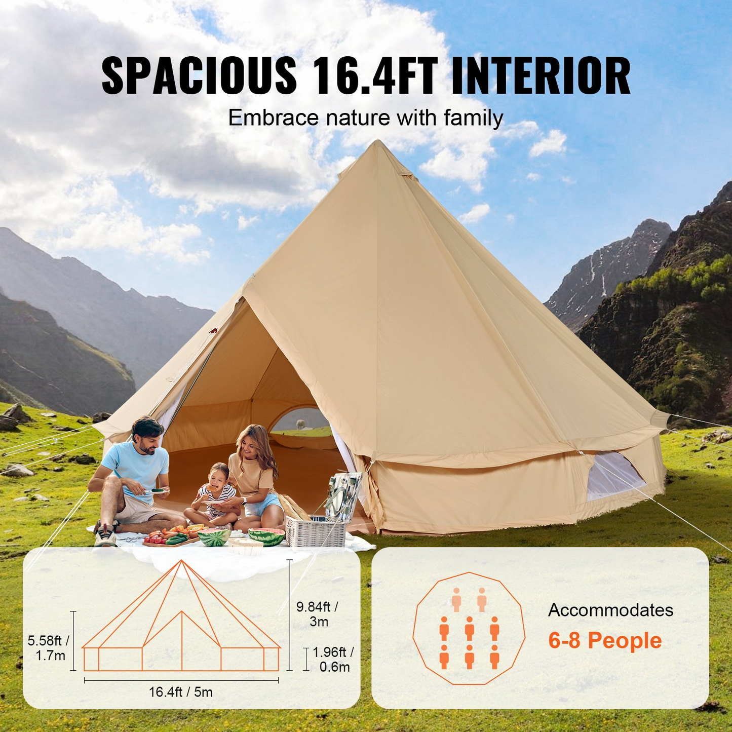 VEVOR Canvas Bell Tent, 4 Seasons 5 m/16.4 ft Yurt Tent, Canvas Tent for Camping with Stove Jack, Breathable Tent Holds up to 8 People, Family Camping Outdoor Hunting Party