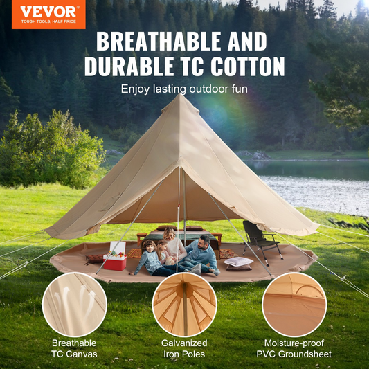 VEVOR Canvas Bell Tent, 4 Seasons 6 m/19.68 ft Yurt Tent, Canvas Tent for Camping with Stove Jack, Breathable Tent Holds up to 10 People, Family Camping Outdoor Hunting Party