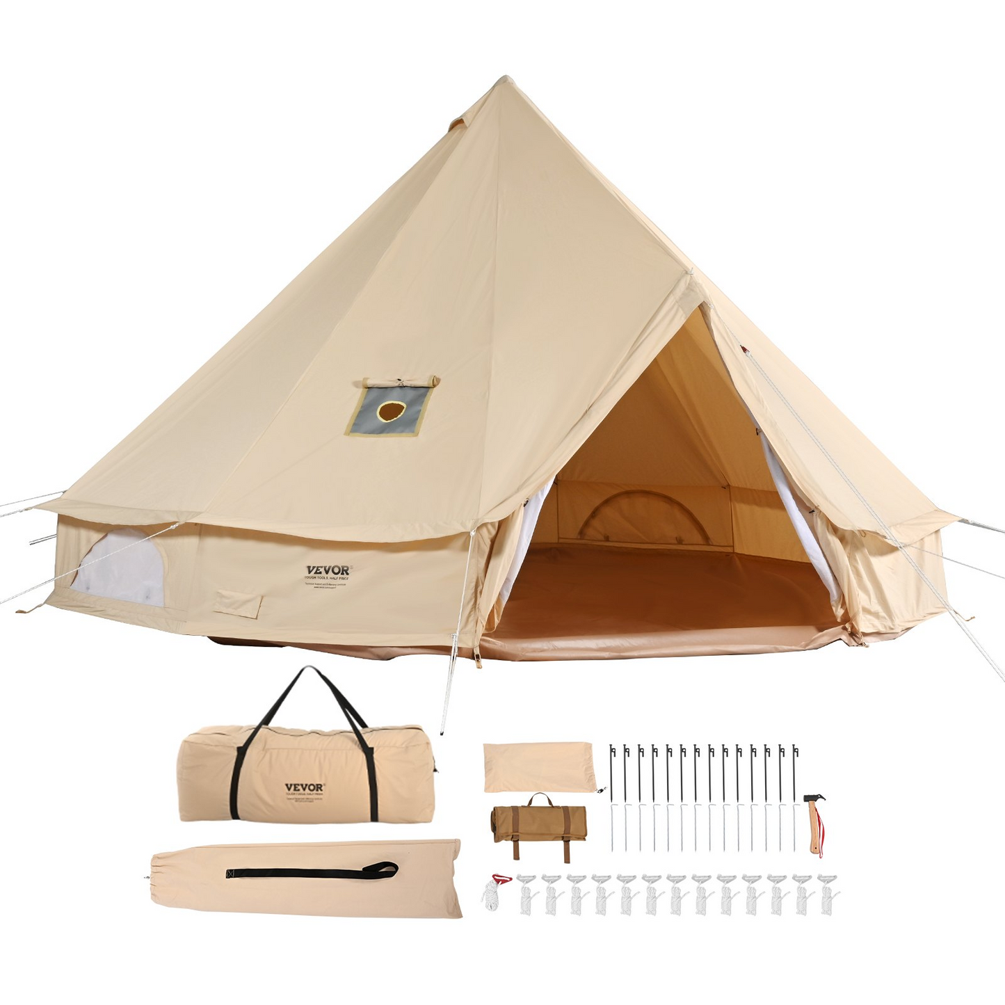 VEVOR Canvas Bell Tent, 4 Seasons 6 m/19.68 ft Yurt Tent, Canvas Tent for Camping with Stove Jack, Breathable Tent Holds up to 10 People, Family Camping Outdoor Hunting Party