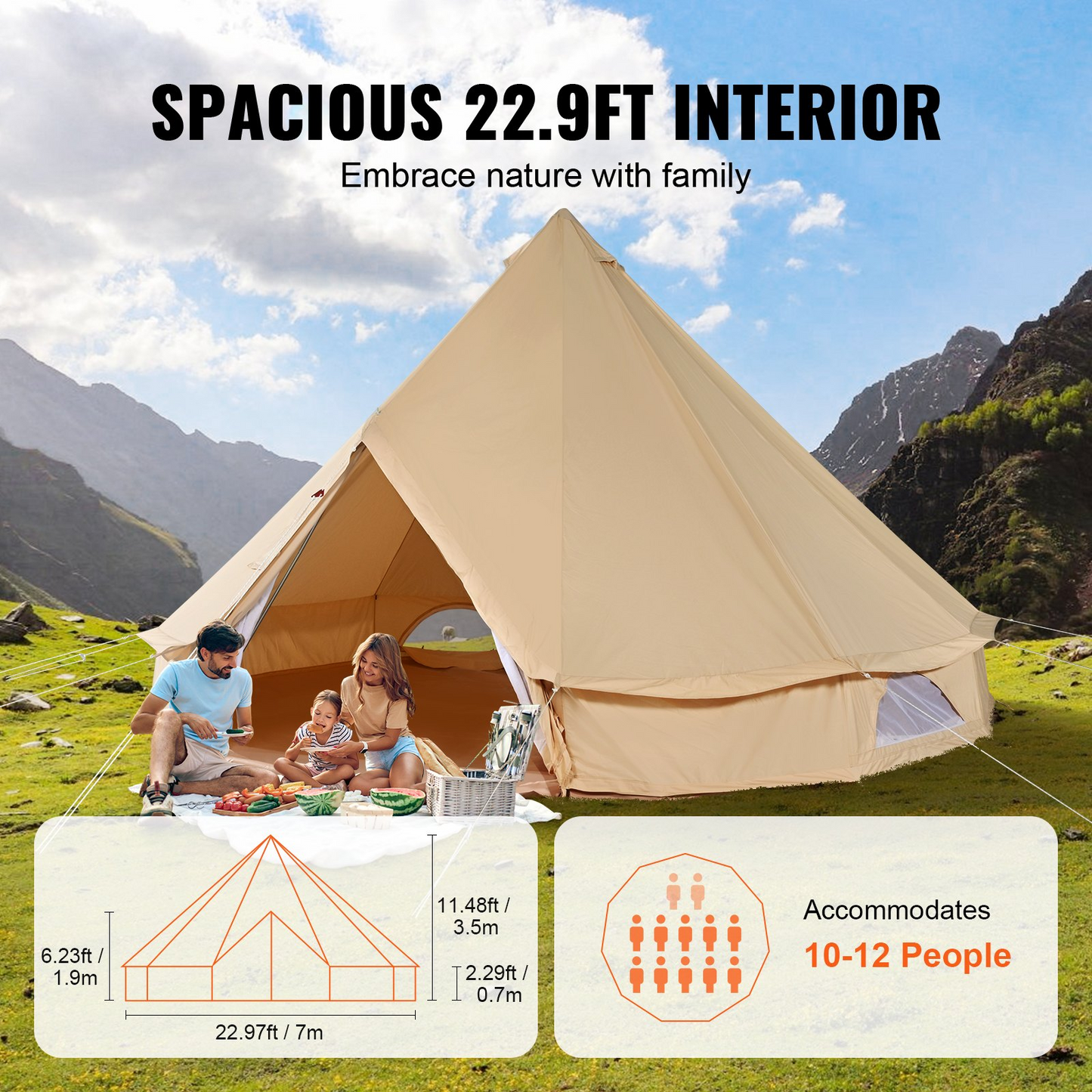 VEVOR Canvas Bell Tent, 4 Seasons 7 m/22.97 ft Yurt Tent, Canvas Tent for Camping with Stove Jack, Breathable Tent Holds up to 12 People, Family Camping Outdoor Hunting Party