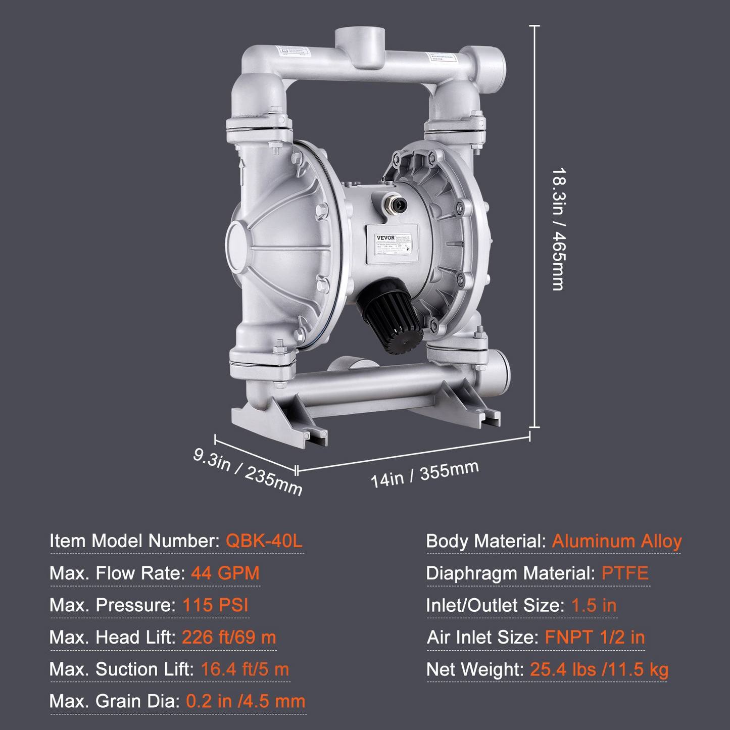 VEVOR Air Operated Double Diaphragm Pump, 44GPM, Max 115PSI Air Waste Oil Pneumatic Transfer Pump with 2 Extra Diaphragms, 1-1/2 inch Inlet & Outlet Aluminum Alloy Diaphragm Pump for Diesel Grease Oil