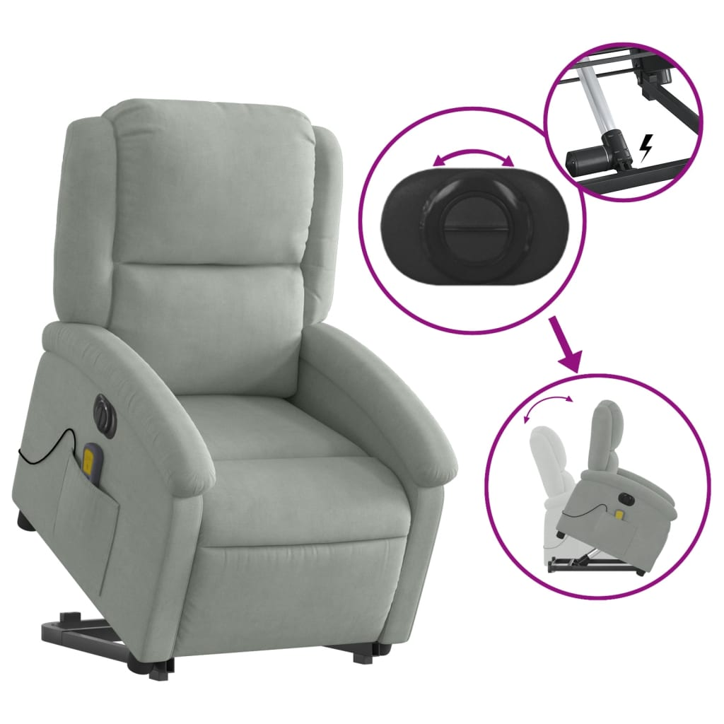 vidaXL Electric Stand up Massage Recliner Chair Light Gray Velvet