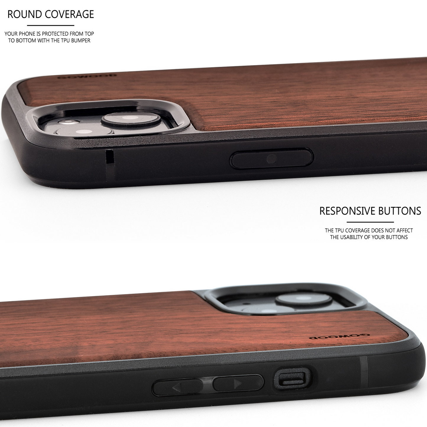 iPhone 13 Mini walnut wood case with TPU bumper and black PC