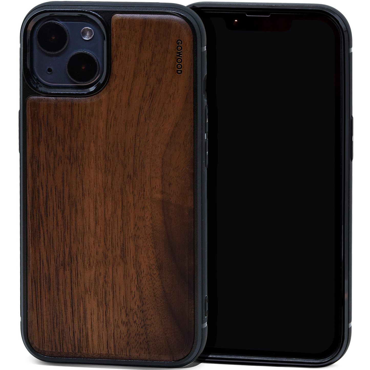 iPhone 13 Mini walnut wood case with TPU bumper and black PC