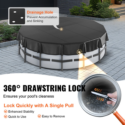 VEVOR 15 Ft Round Pool Cover, Solar Covers for Above Ground Pools, Safety Pool Cover with Drawstring Design, PVC Summer Pool Cover, Waterproof and Dustproof, Black