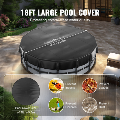 VEVOR 18 Ft Round Pool Cover, Solar Covers for Above Ground Pools, Safety Pool Cover with Drawstring Design, PVC Summer Pool Cover, Waterproof and Dustproof, Black