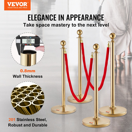 VEVOR Stanchion Post with Velvet Rope, 6-Pack Crowd Control Stanchion with 4PCS 5FT Red Velvet Ropes, Stainless Steel Queue Barrier Line Divider with Fillable Base & Ball Top for Wedding Museum Party