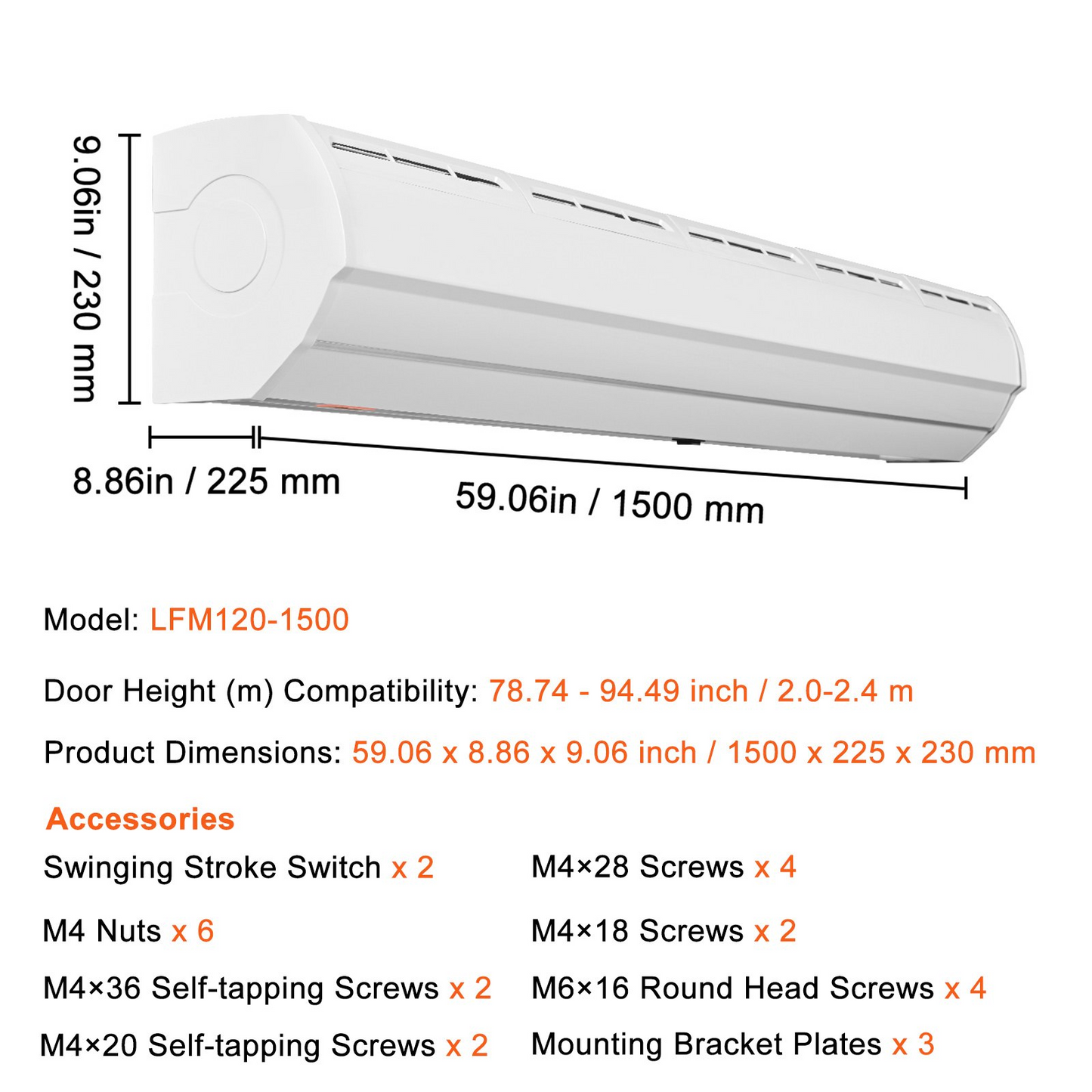 VEVOR 60" Commercial Indoor Air Curtain Super Power 2 Speeds 1500CFM, Wall Mounted Air Curtains for Doors, Indoor Over Door Fan with Heavy Duty Limit Switch, Easy-Install 110V Unheated