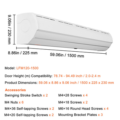 VEVOR 60" Commercial Indoor Air Curtain Super Power 2 Speeds 1500CFM, Wall Mounted Air Curtains for Doors, Indoor Over Door Fan with Heavy Duty Limit Switch, Easy-Install 110V Unheated