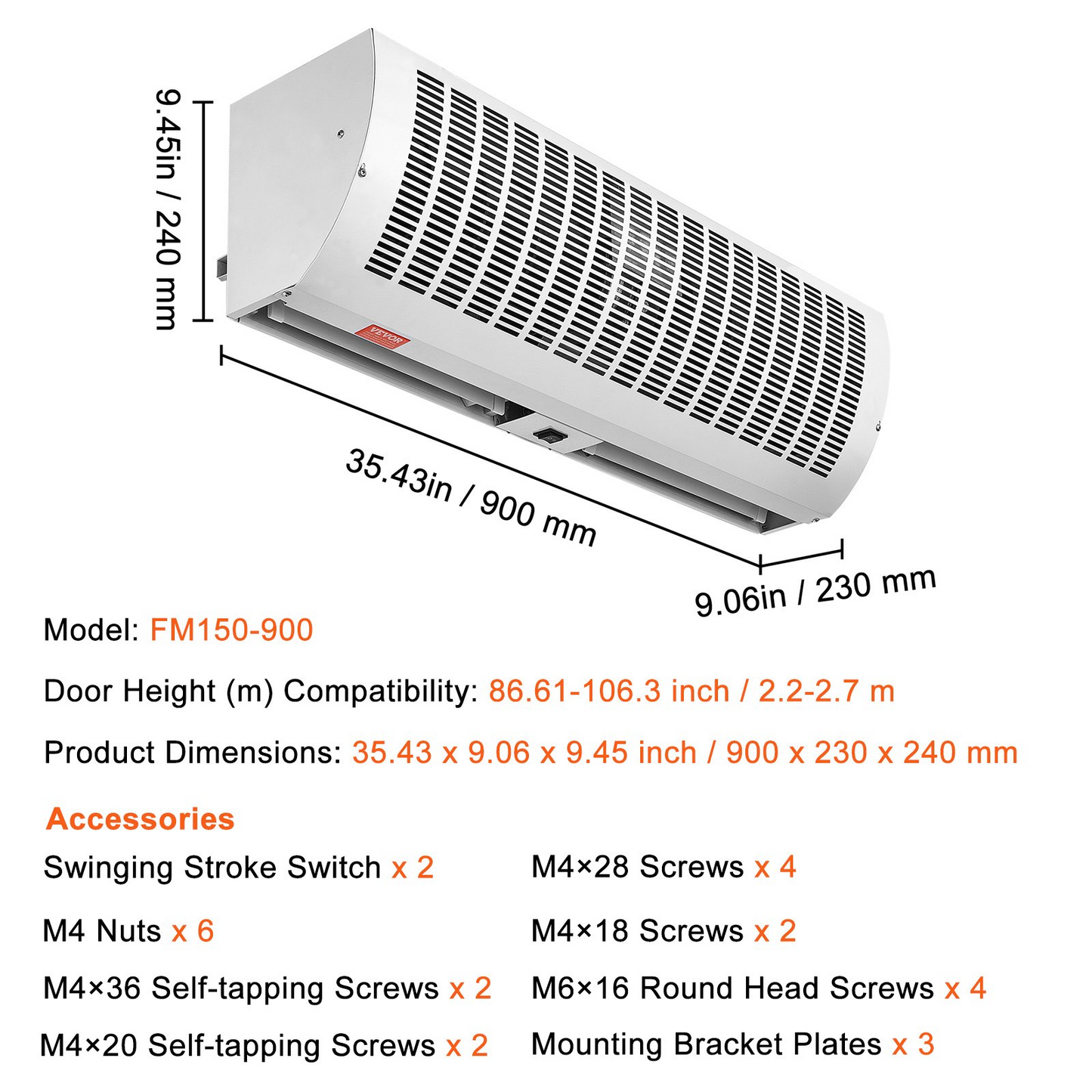 VEVOR 36" Commercial Indoor Air Curtain Super Power 2 Speeds 1200CFM, Wall Mounted Air Curtains for Doors, Indoor Over Door Fan with Heavy Duty Limit Switch, Easy-Install 110V Unheated