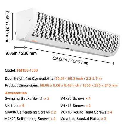 VEVOR 60" Commercial Indoor Air Curtain Super Power 2 Speeds 2100CFM, Wall Mounted Air Curtains for Doors, Indoor Over Door Fan with Heavy Duty Limit Switch, Easy-Install 110V Unheated