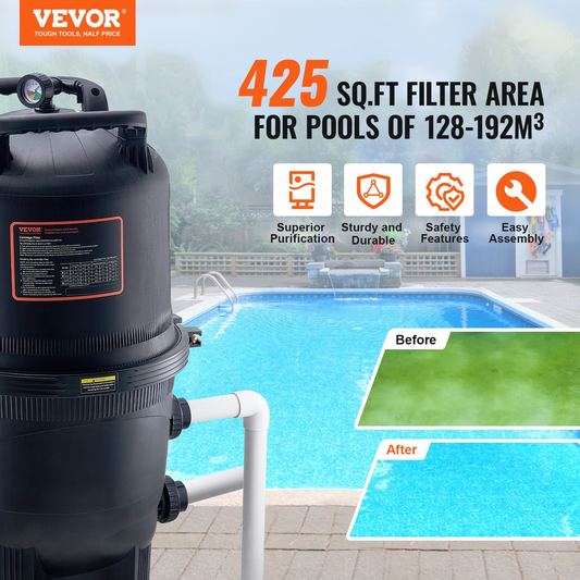 VEVOR Cartridge Pool Filter, 425Sq. Ft Filter Area Inground Pool Filter, Above Ground Swimming Pool Filtration Filter System with Upgrade Filter &Leak-proof, for Hot Tubs, Spa, Inflatable Pool