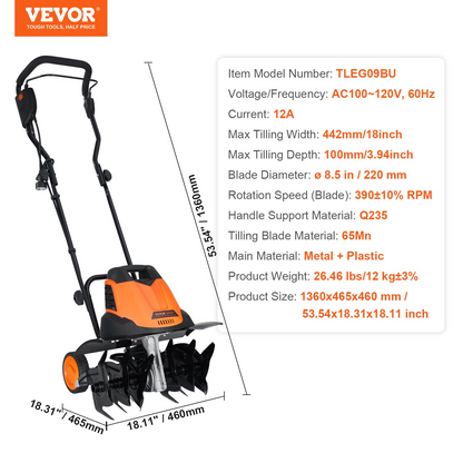 VEVOR 12 Amp Electric Tiller, 18" Tilling Width 3.94" Tilling Depth Corded Electric Tiller/Cultivator, Steel Mn Tines, Rototiller for Garden Lawn Soil Digging