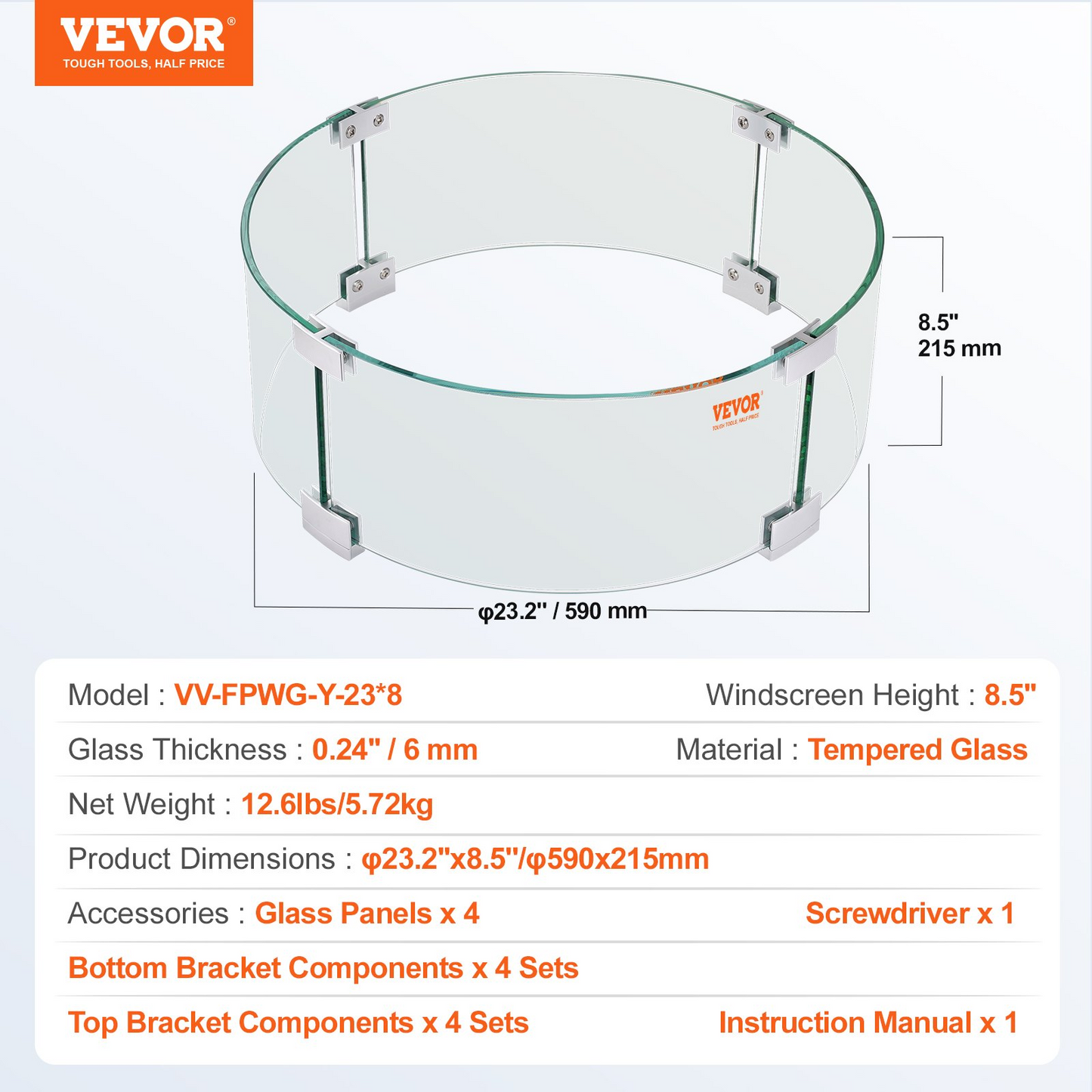 VEVOR Fire Pit Wind Guard, 23 x 23 x 8 Inch Glass Flame Guard, Round Glass Shield, 1/4-Inch Thick Fire Table, Clear Tempered Glass Flame Guard, Aluminum Alloy Feet for Propane, Gas, Outdoor