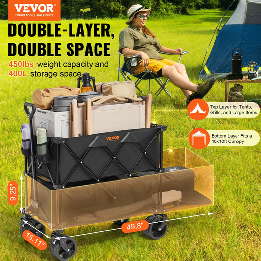 VEVOR Foldable Double Decker Wagon, 400L Collapsible Wagon Cart with All-Terrain Wheels, Heavy Duty Folding Wagon Cart 225 lbs Weight Capacity for Camping, Shopping, Garden, 52" Extra Long Extender