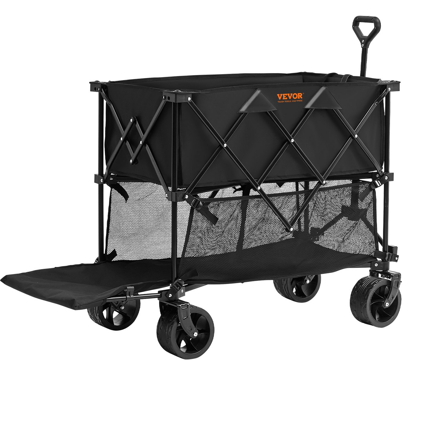 VEVOR Foldable Double Decker Wagon, 400L Collapsible Wagon Cart with All-Terrain Wheels, Heavy Duty Folding Wagon Cart 225 lbs Weight Capacity for Camping, Shopping, Garden, 52" Extra Long Extender