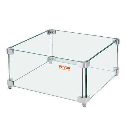 VEVOR Gas Fire Pit Wind Guard for Square Fire Table, 15 x 15 x 7 inch Clear Tempered Wind Guard for Firepits, 0.31 inch Thick Square Glass Shield, Glass Panel with Hard Corner Bracket & Feet