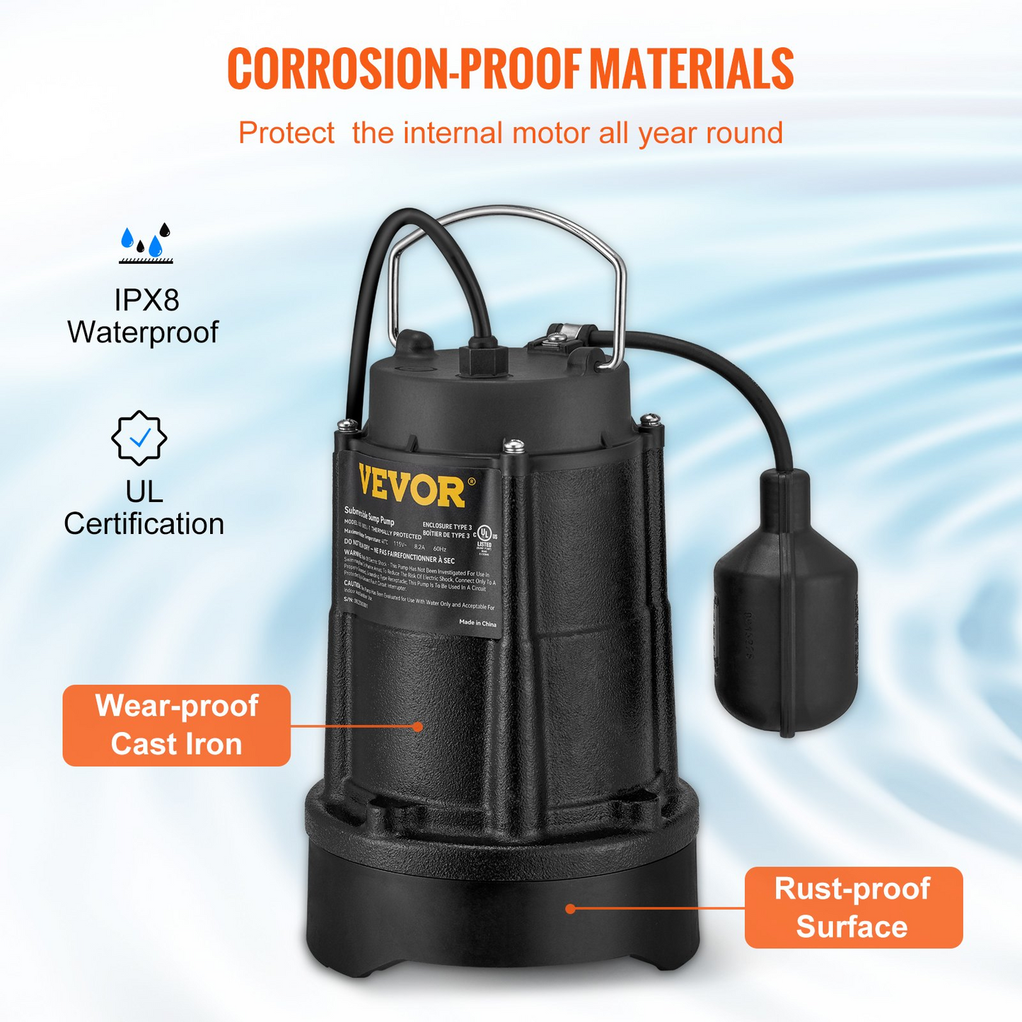 VEVOR Submersible Sump Pump Water Pump 1/2HP 3960GPH Cast Iron w/ Float Basement