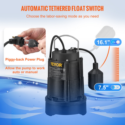 VEVOR Submersible Sump Pump Water Pump 1/2HP 3960GPH Cast Iron w/ Float Basement