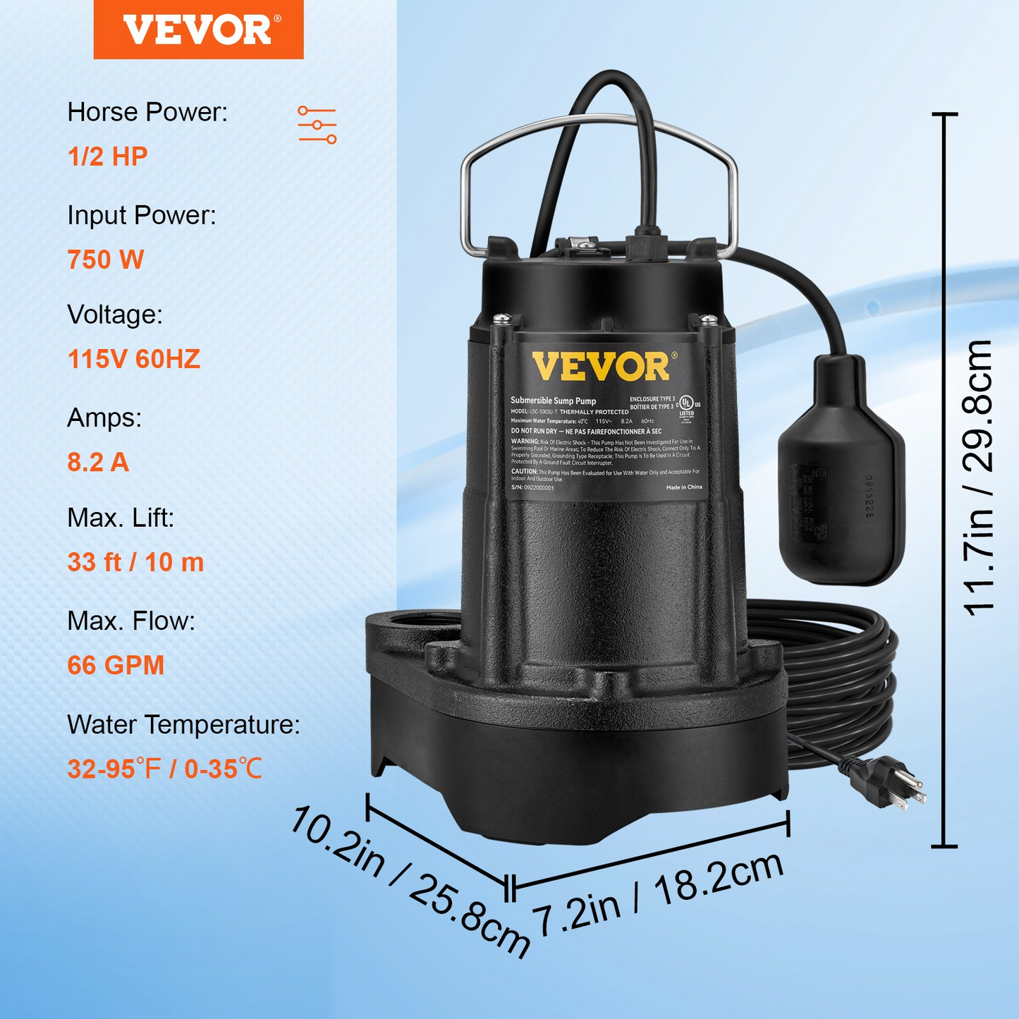 VEVOR Submersible Sump Pump Water Pump 1/2HP 3960GPH Cast Iron w/ Float Basement