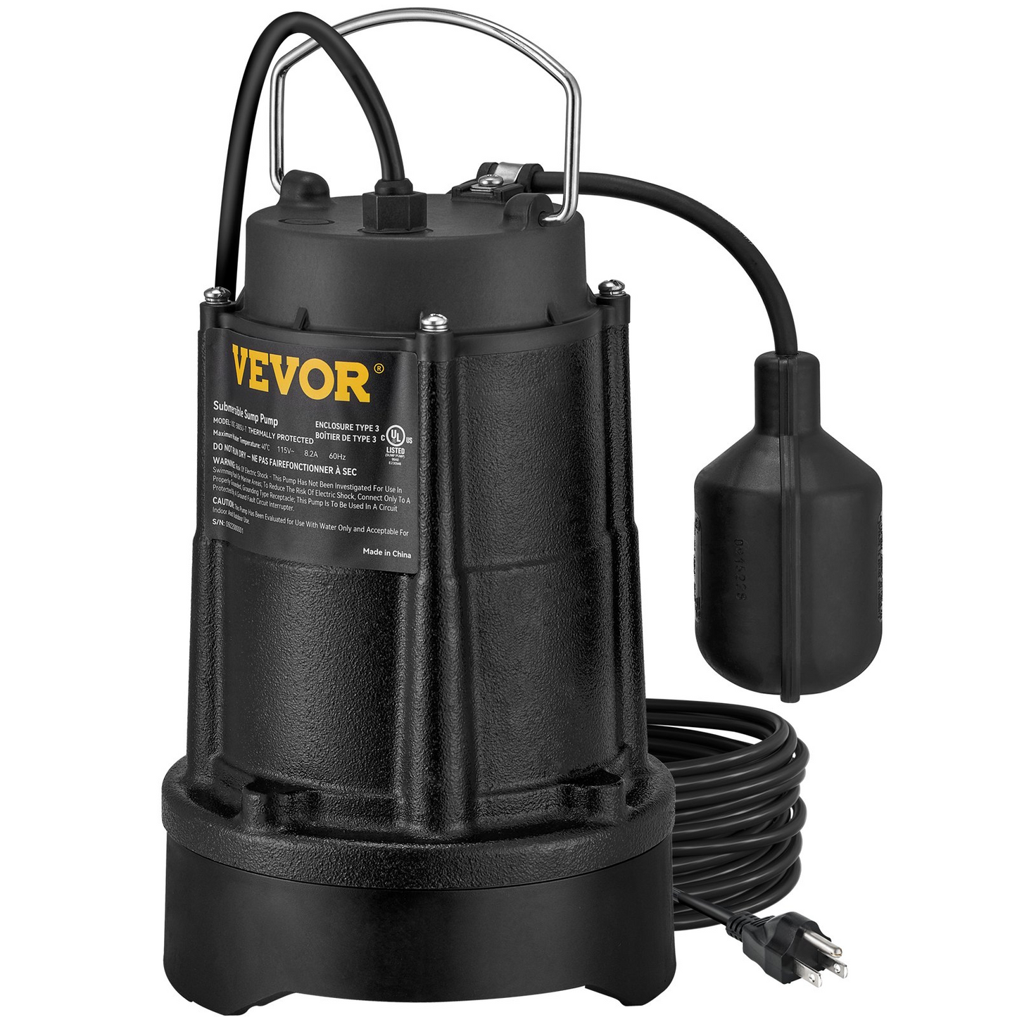 VEVOR Submersible Sump Pump Water Pump 1/2HP 3960GPH Cast Iron w/ Float Basement