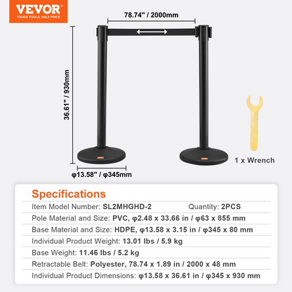 VEVOR Crowd Control Stanchions, 2-Pack Crowd Control Barriers with 6.5FT Black Retractable Belt, Plastic Stanchion Queue Post, Belt Barriers Line Divider Stanchion Set for Party, Airport, Exhibition