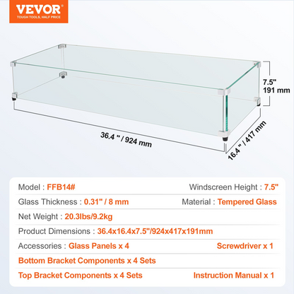 VEVOR Glass Wind Guard for Rectangular Fire Pit Table 36 x 16 x 7.5 Inch, 0.31 inch Thick and Sturdy Tempered Glass Panel with Hard Aluminum Corner Bracket & Rubber Feet, Easy to Assemble