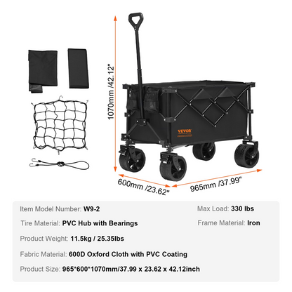 VEVOR Collapsible Folding Wagon, 220 L Beach Wagon Cart with All-Terrain Wheels, Heavy Duty Folding Wagon Cart Max 330 lbs with Drink Holders, Sports Wagon for Camping, Shopping, Garden