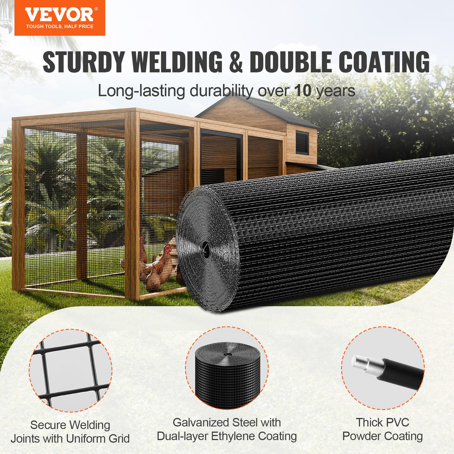 VEVOR Hardware Cloth, 48'' x 50' Galvanized Wire Mesh Roll, 19 Gauge Chicken Wire Fence Roll, Vinyl Coating Metal Wire Mesh for Chicken Coop Barrier, Rabbit Snake Fences, Poultry Enclosures