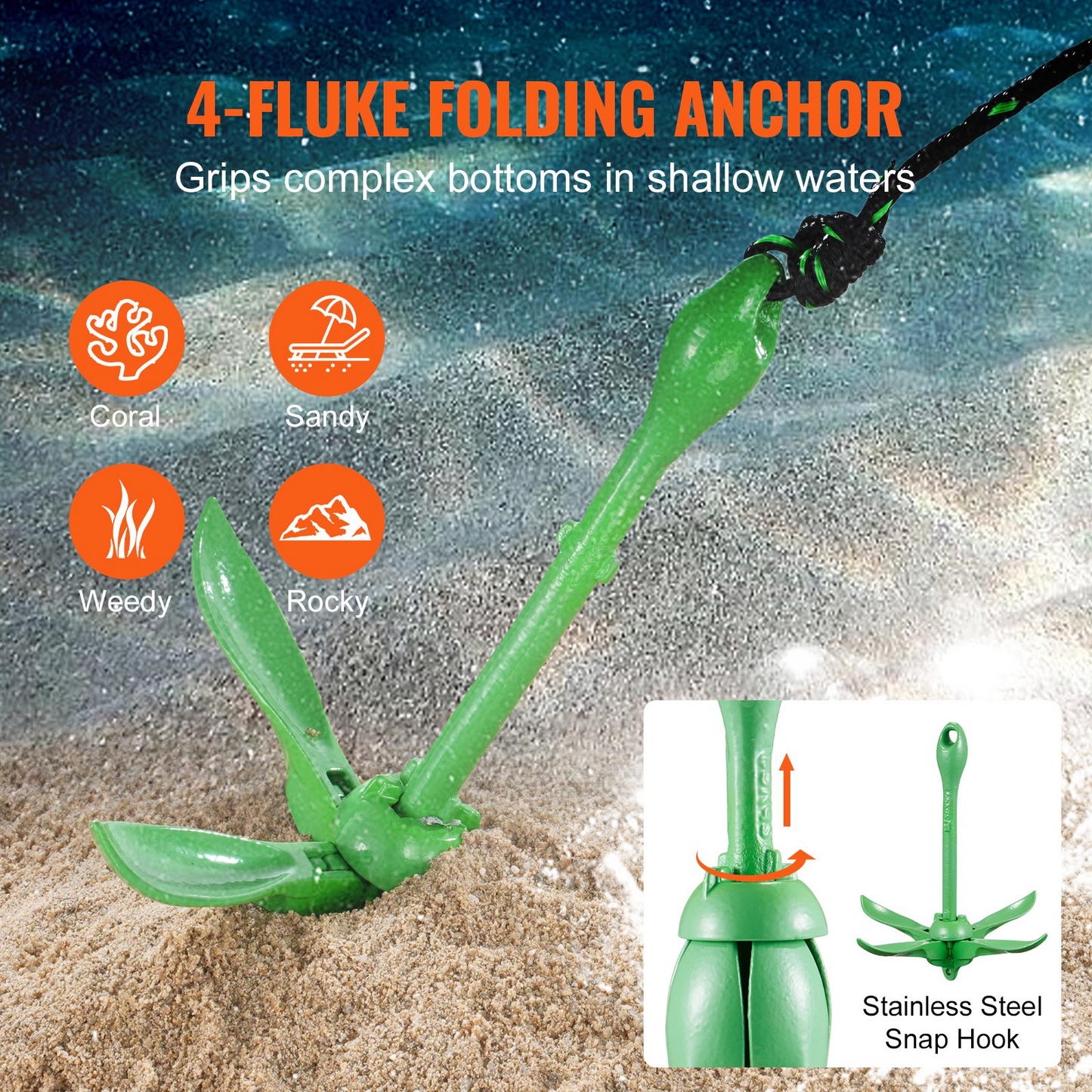 VEVOR Kayak Anchor Kit, 3.5 lb Paddle Board Anchor Kit with 26.2 ft/8 m Rope and Buoy, Folding Small Boat Anchor with Storage Bag and Snap Hook, Kayak Accessories for Kayaks, Small Boats, Canoes