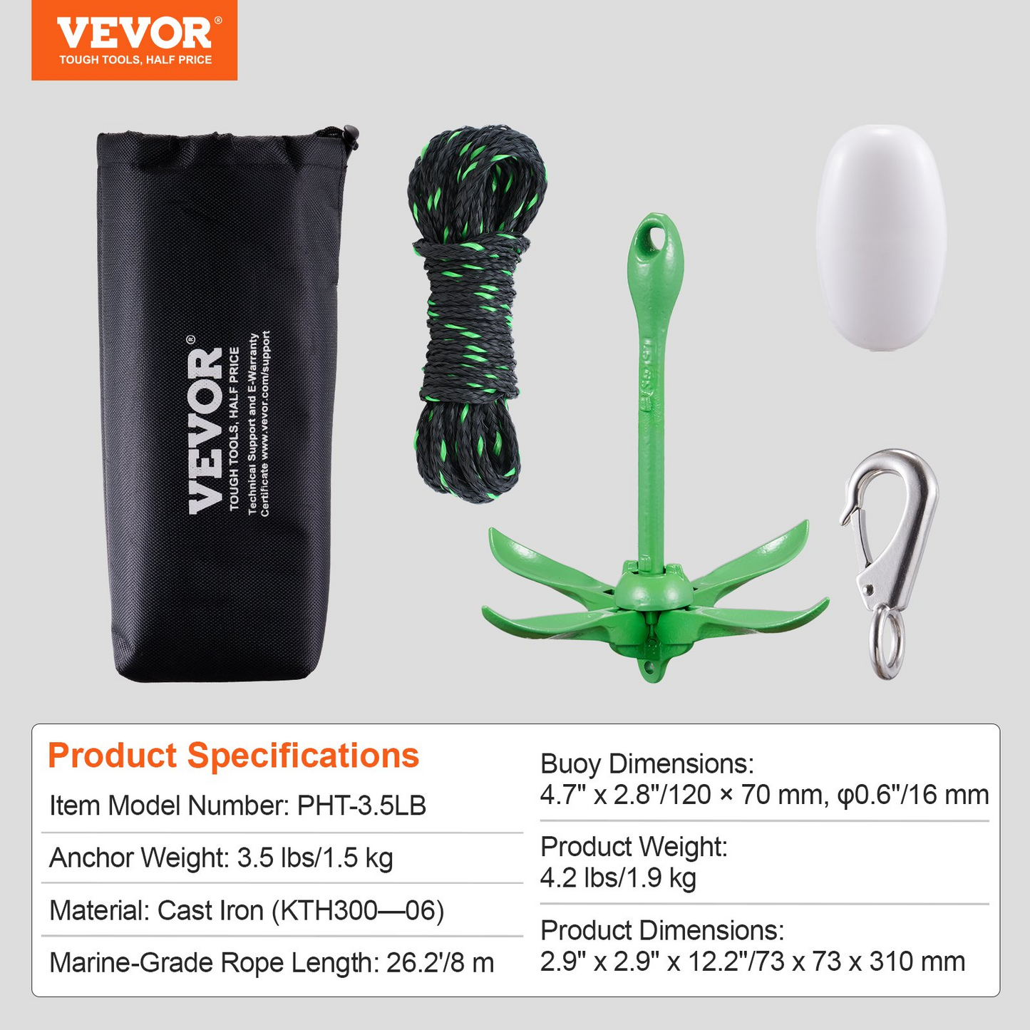 VEVOR Kayak Anchor Kit, 3.5 lb Paddle Board Anchor Kit with 26.2 ft/8 m Rope and Buoy, Folding Small Boat Anchor with Storage Bag and Snap Hook, Kayak Accessories for Kayaks, Small Boats, Canoes