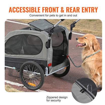 VEVOR Dog Bike Trailer, Supports up to 88 lbs, 2-in-1 Pet Stroller Cart Bicycle Carrier, Easy Folding Cart Frame with Quick Release Wheels, Universal Bicycle Coupler, Reflectors, Flag, Black/Gray