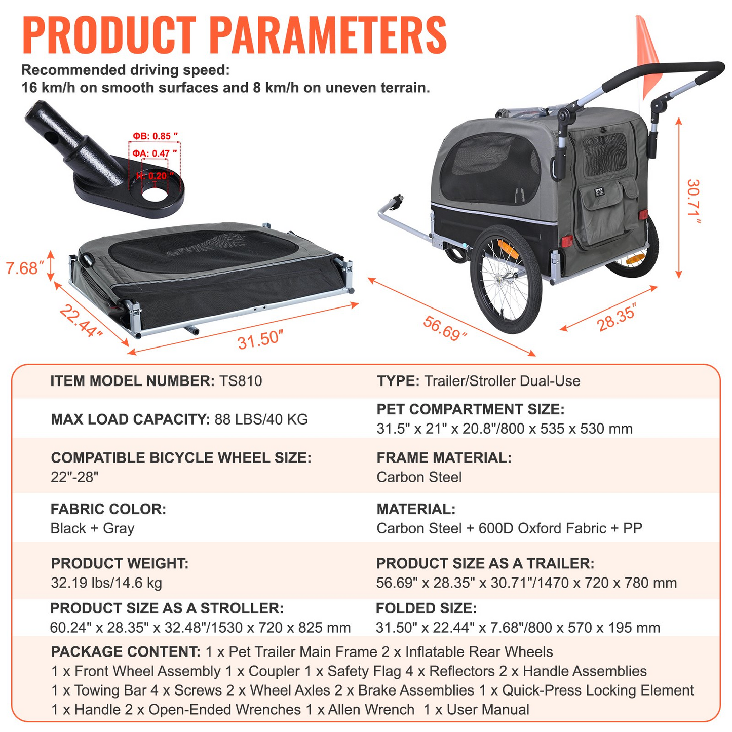 VEVOR Dog Bike Trailer, Supports up to 88 lbs, 2-in-1 Pet Stroller Cart Bicycle Carrier, Easy Folding Cart Frame with Quick Release Wheels, Universal Bicycle Coupler, Reflectors, Flag, Black/Gray