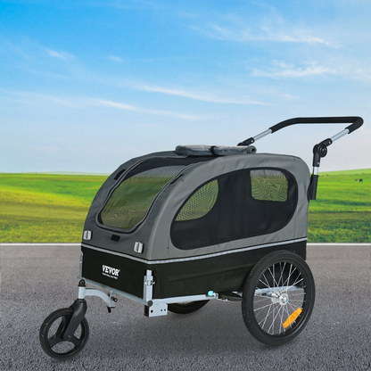 VEVOR Dog Bike Trailer, Supports up to 88 lbs, 2-in-1 Pet Stroller Cart Bicycle Carrier, Easy Folding Cart Frame with Quick Release Wheels, Universal Bicycle Coupler, Reflectors, Flag, Black/Gray