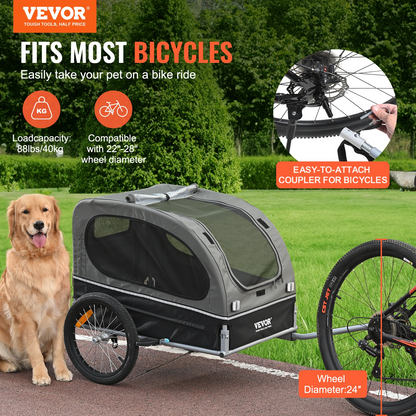 VEVOR Dog Bike Trailer, Supports up to 88 lbs, Pet Cart Bicycle Carrier, Easy Folding Frame with Quick Release Wheels, Universal Bicycle Coupler, Reflectors, Flag, Collapsible to Store, Black/Gray