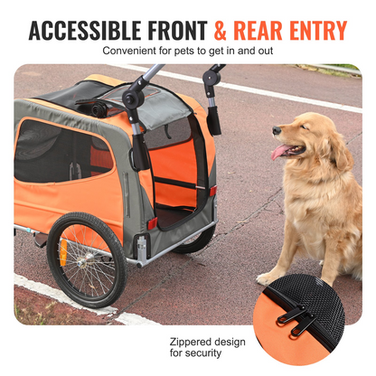 VEVOR Dog Bike Trailer, Supports up to 66 lbs, 2-in-1 Pet Stroller Cart Bicycle Carrier, Easy Folding Cart Frame with Quick Release Wheels, Universal Bicycle Coupler, Reflectors, Flag, Orange/Gray