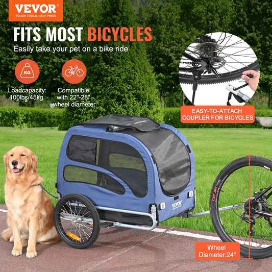 VEVOR Dog Bike Trailer, Supports up to 100 lbs, Pet Cart Bicycle Carrier, Easy Folding Frame with Quick Release Wheels, Universal Bicycle Coupler, Reflectors, Flag, Collapsible to Store, Blue/Black