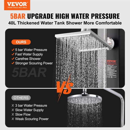 VEVOR Outdoor Solar Heated Shower, 10.57 Gallon Poolside Shower Kit with 2 Shower Head and Foot Shower Tap, Handheld/Hanging Two Modes Fast Assembly for Outdoor Backyard Poolside Beach Spa