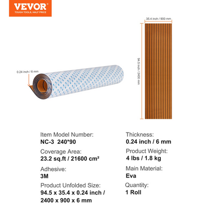 VEVOR Boat Flooring, EVA Foam Boat Decking 94.5" x 35.4", Non-Slip Self-Adhesive Flooring, 23.2 sq.ft Marine Carpet for Boats, Yacht, Pontoon, Kayak Decking