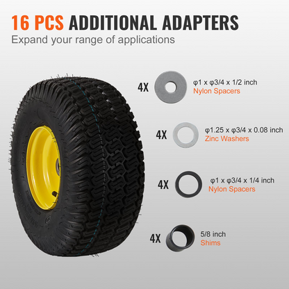 VEVOR Lawn Mower Tires with Rim, 15x6-6" Tubeless Tractor Tires, 2-Pack Tire and Wheel Assembly, S-Turf Pneumatic Tires, 3" Offset Hub, 3/4" Bushing Size, 16 PCS Adapters for Riding Mower Lawn Tractor